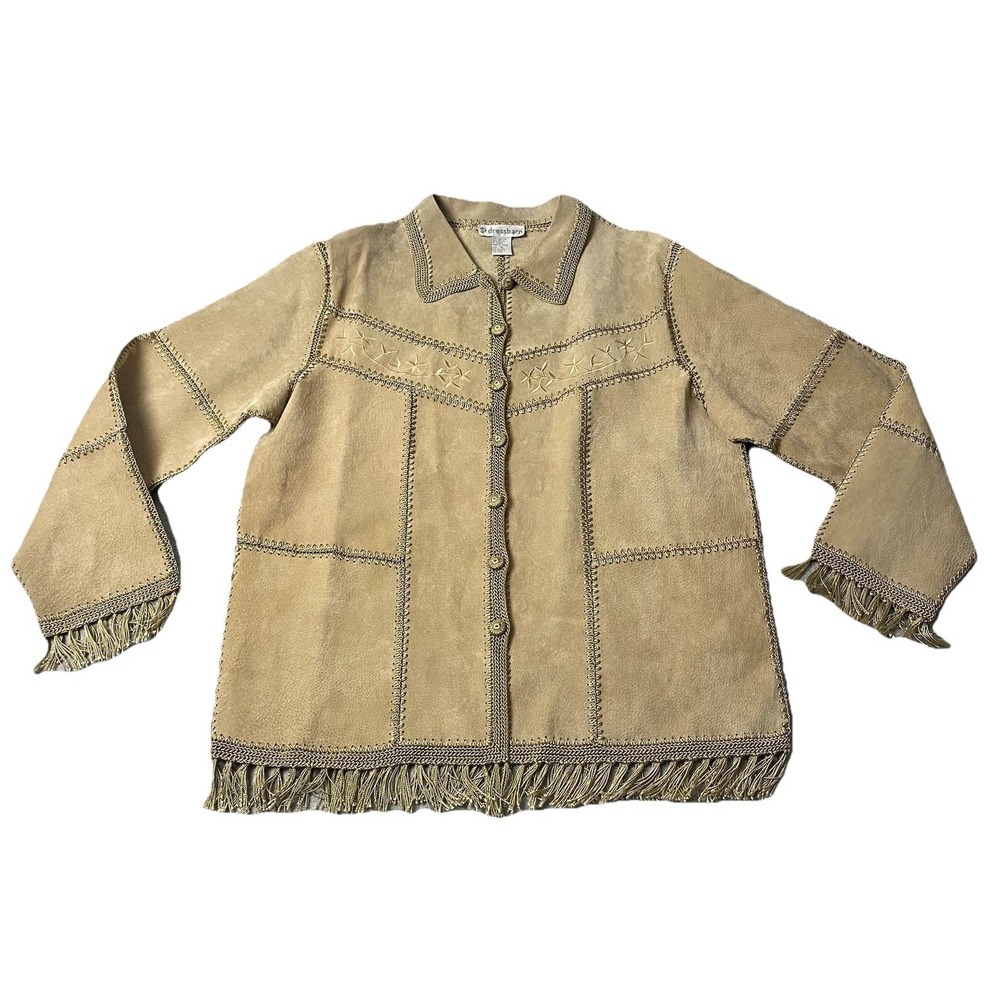 VTG Dressbarn Fringed Suede Leather Patchwork Coat  Crochet detailing XL UNIQUE